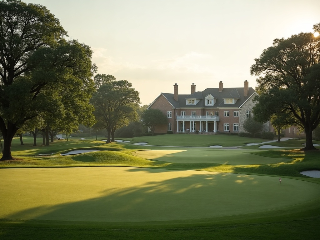 Manicured championship fairway and clubhouse in the Timarron golf community in Southlake, Texas