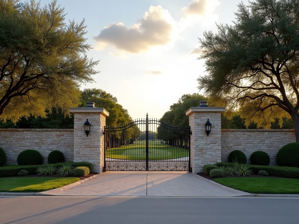 Stone and iron guarded entrance to the Vaquero luxury golf community in Westlake, Texas
