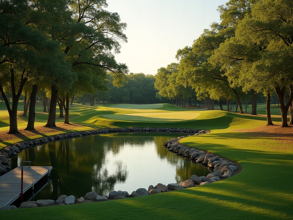 Tree lined golf hole beside a lake in the Trophy Club community in North Texas