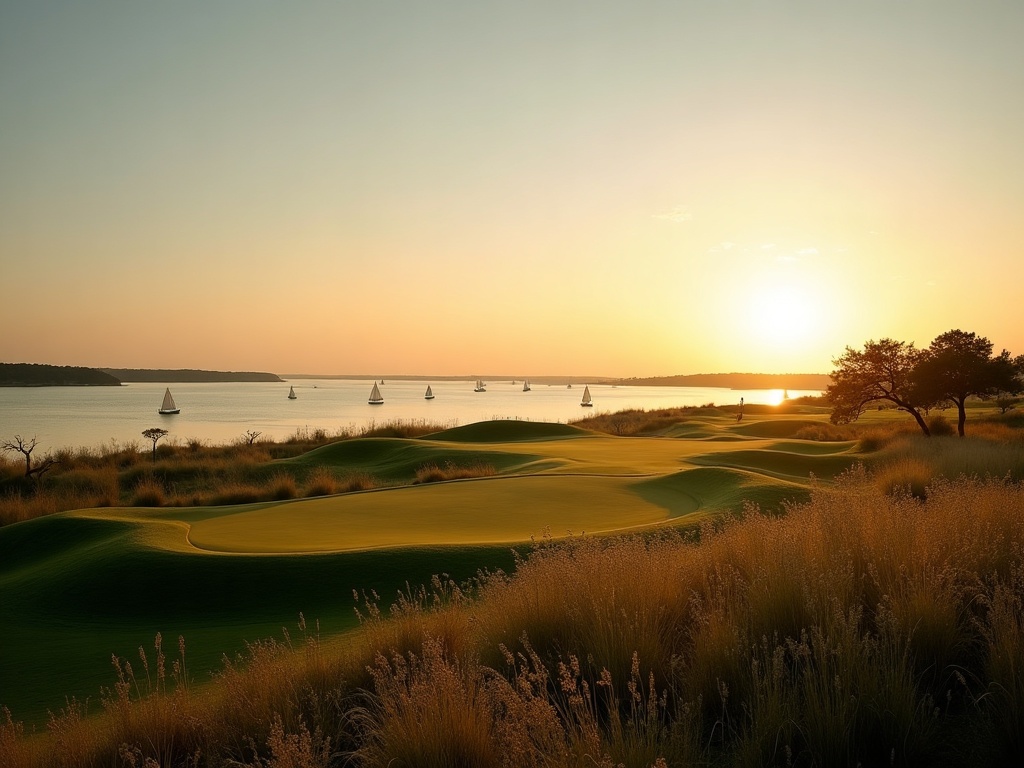 Links style golf course with native grasses on the shore of Lake Lewisville at The Tribute in The Colony, Texas