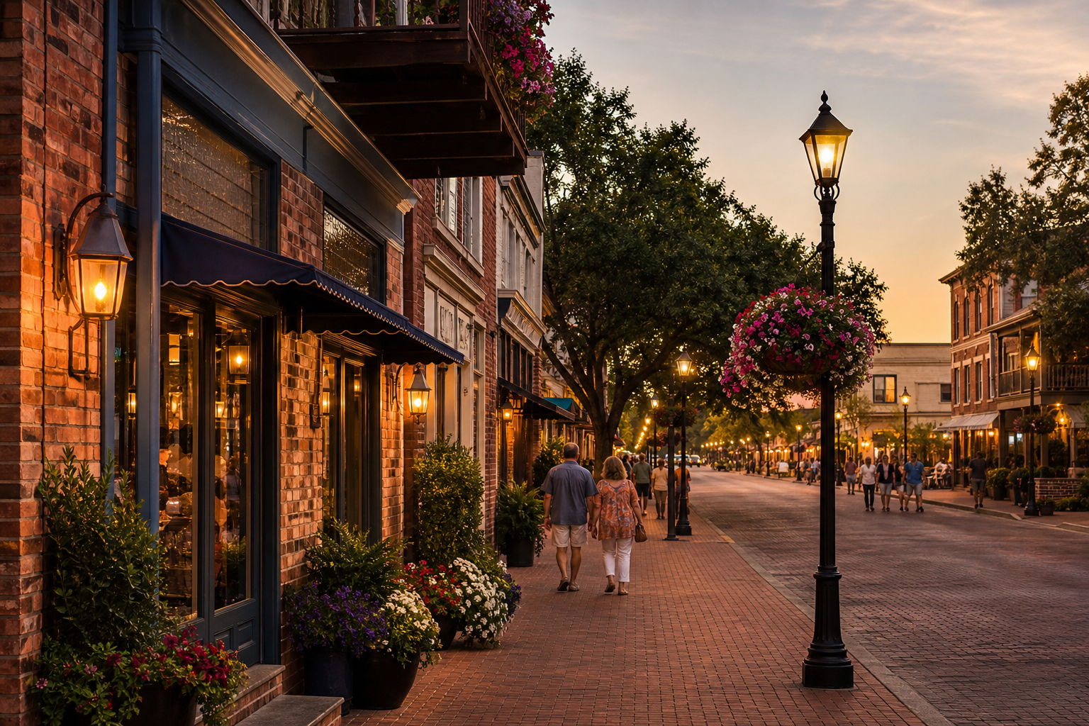 Couple walking past lit storefronts on a historic North Texas Main Street at dusk