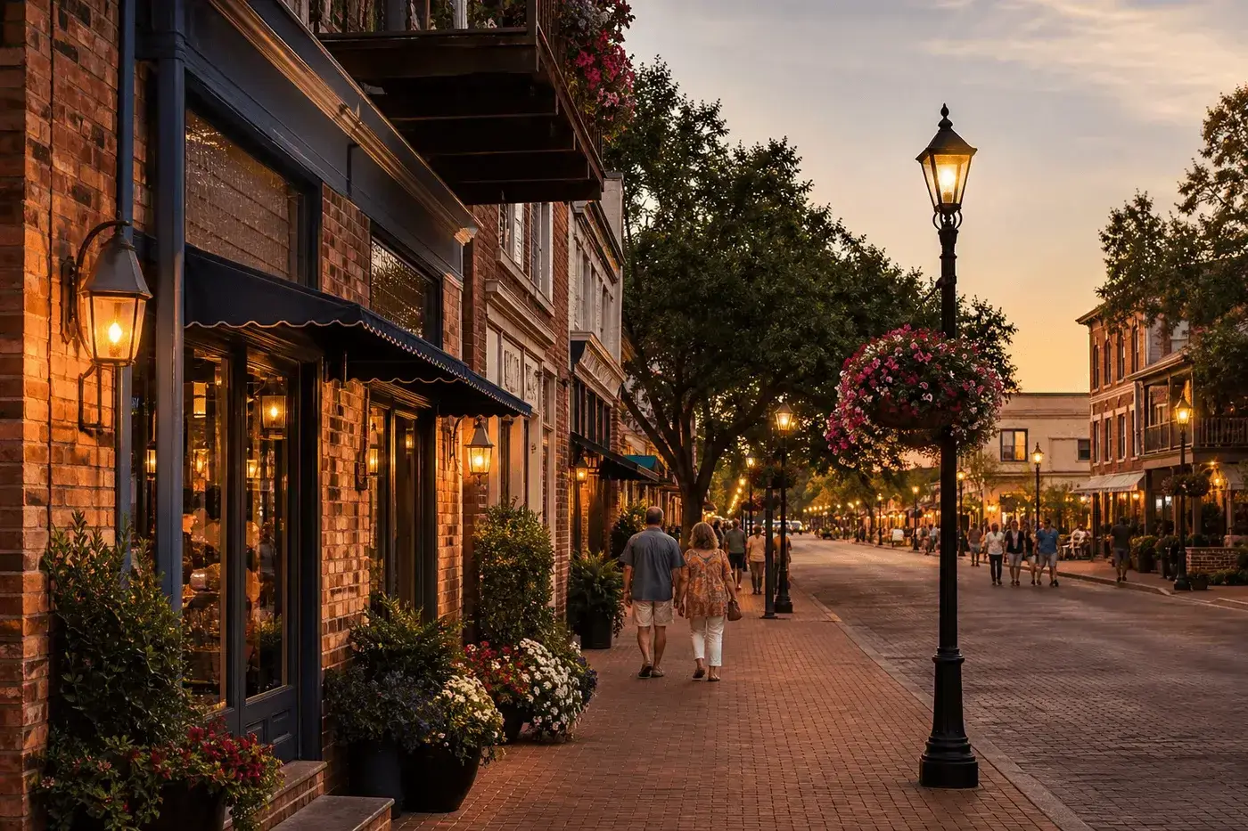 Couple walking past lit storefronts on a historic North Texas Main Street at dusk