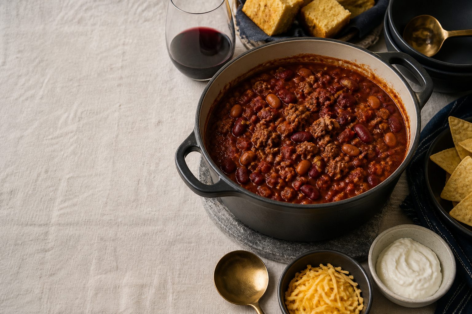Dutch oven of chili served with cornbread, tortilla chips, cheese and sour cream